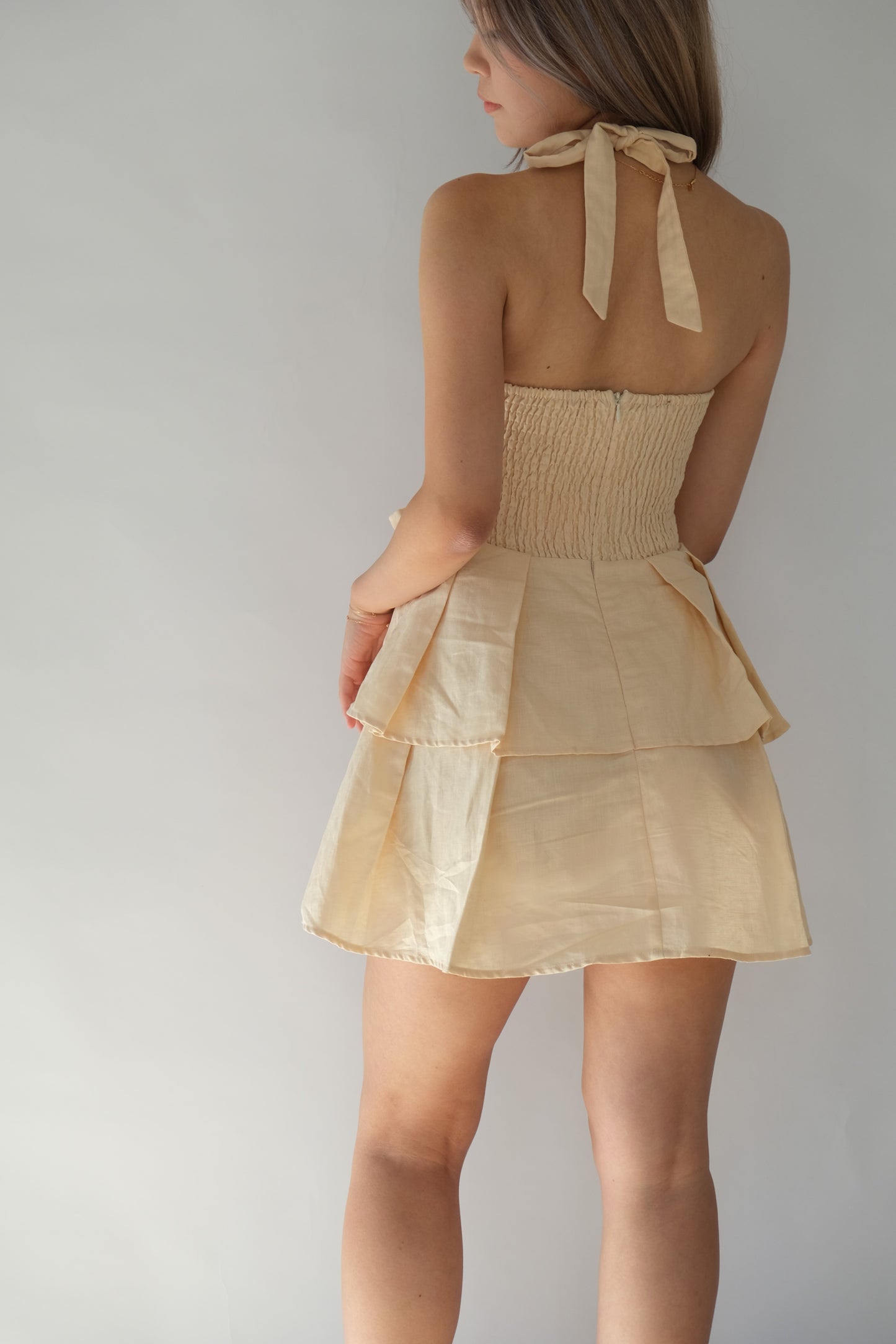 Alice Halter Neck Linen-Blend Dress (Beige)