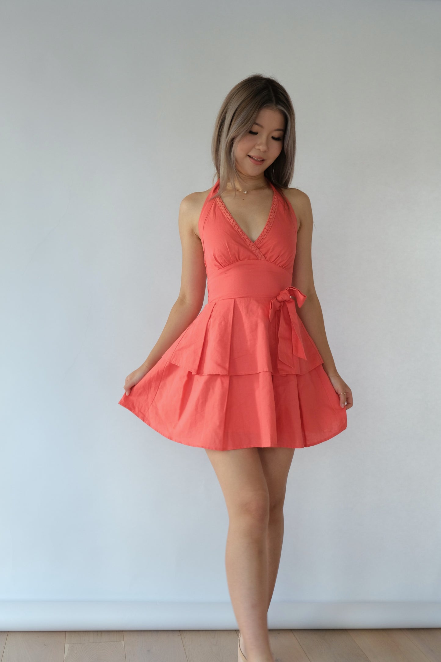 Alice Halter Neck Linen-Blend Dress (Coral)