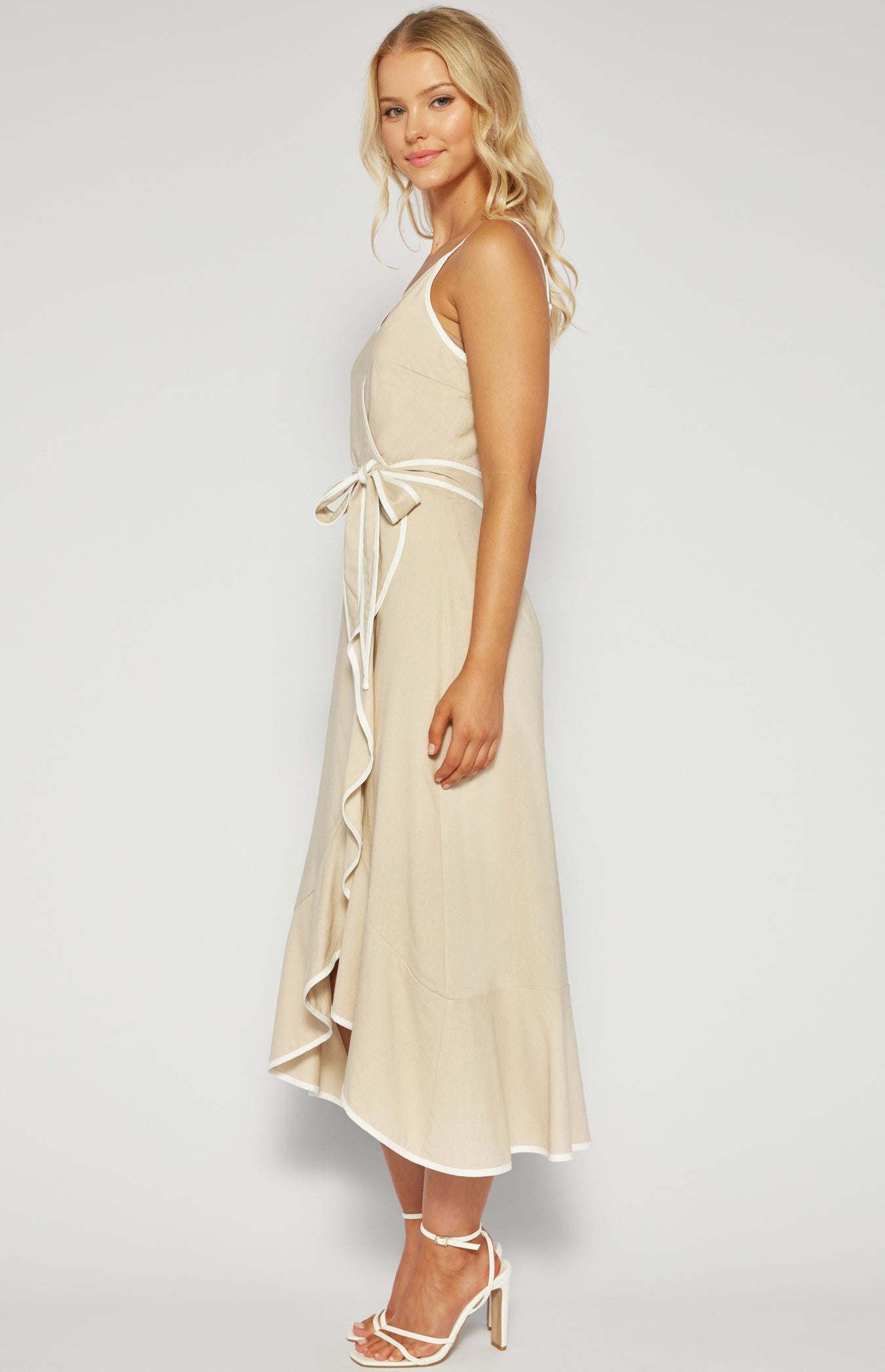 Sienna Contrast Binding Midi Dress (Beige)