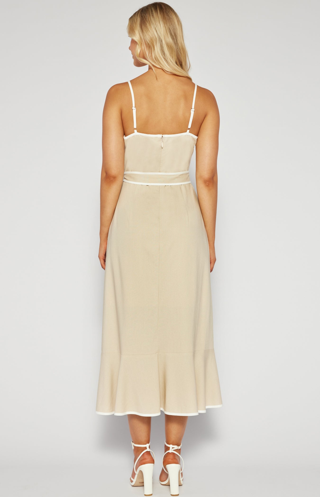 Sienna Contrast Binding Midi Dress (Beige)