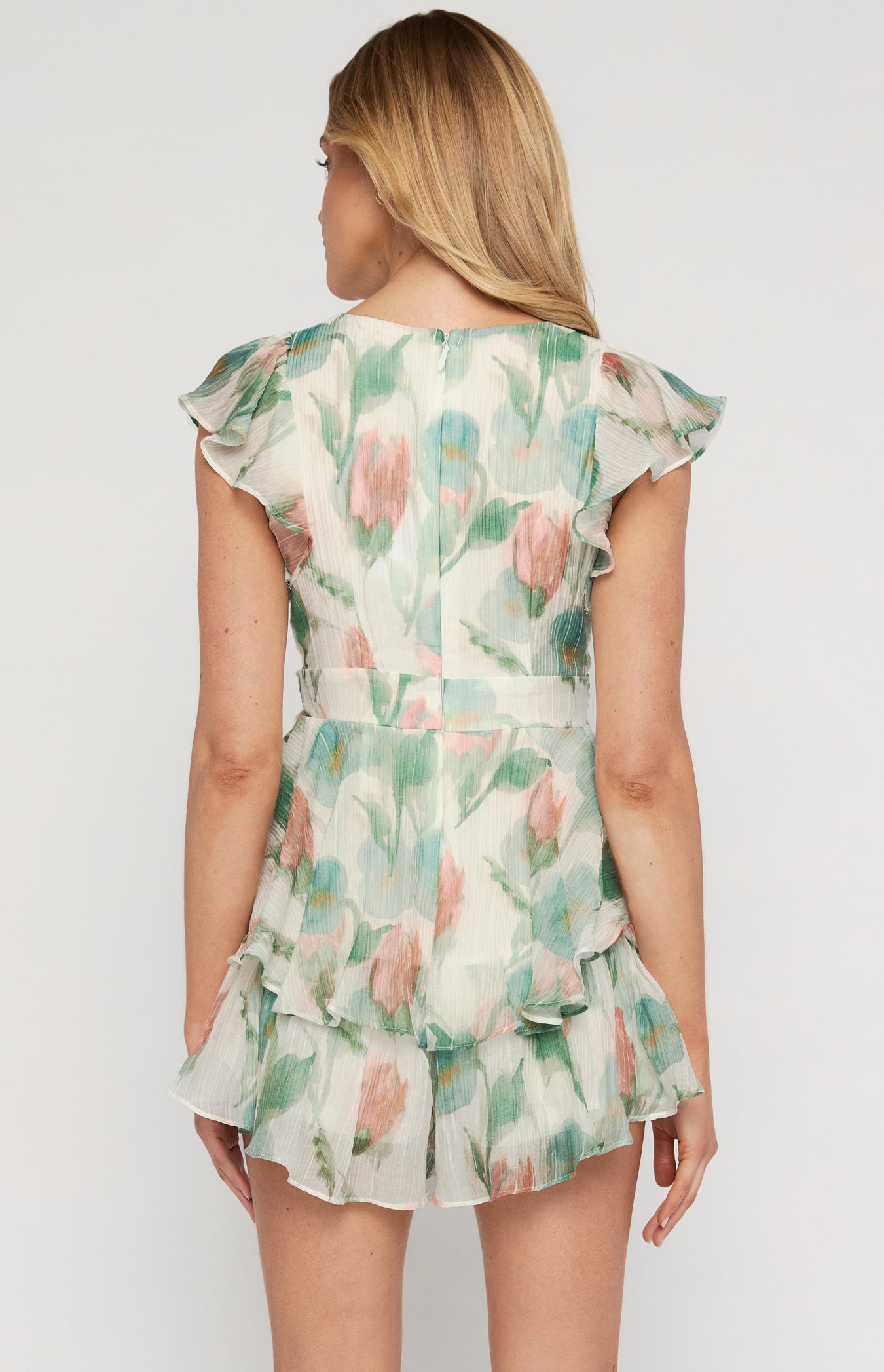 Briar Floral Frill Sleeve Playsuit with Layered Hem (Rose)