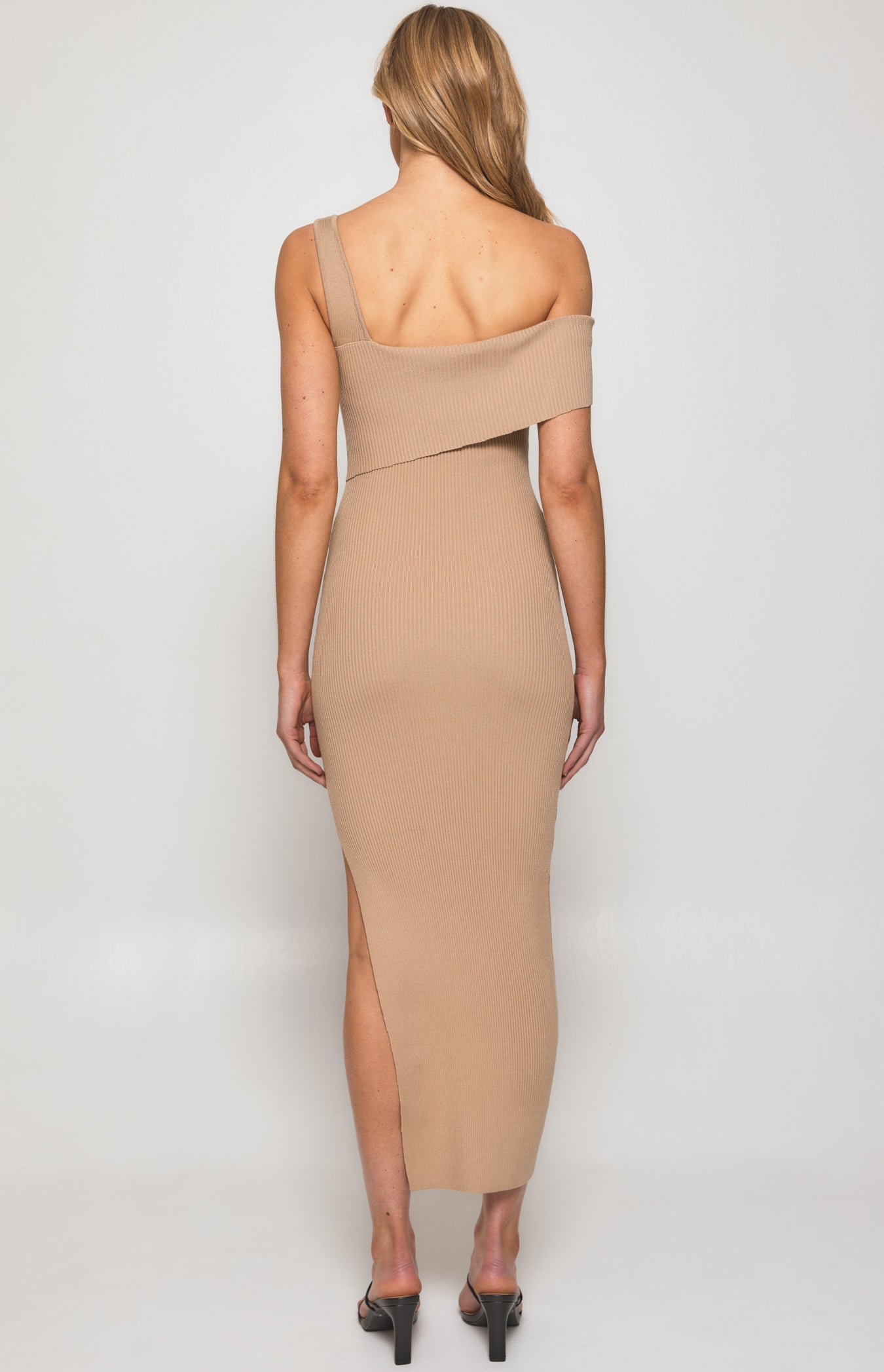 Gwen Knit Dress with Asymmetric One Shoulder Neckline (Camel)
