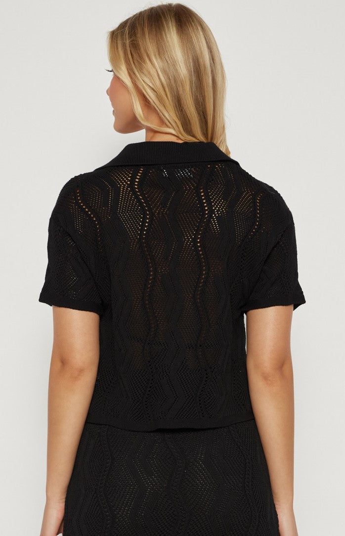 Kira Crochet Knit Collared Top (Black)