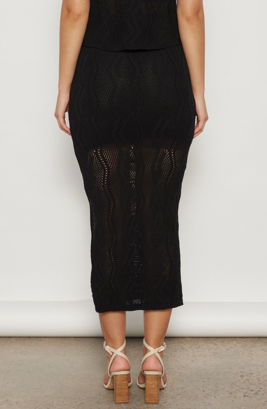 Kira Crochet Knit Midi Skirt (Black)