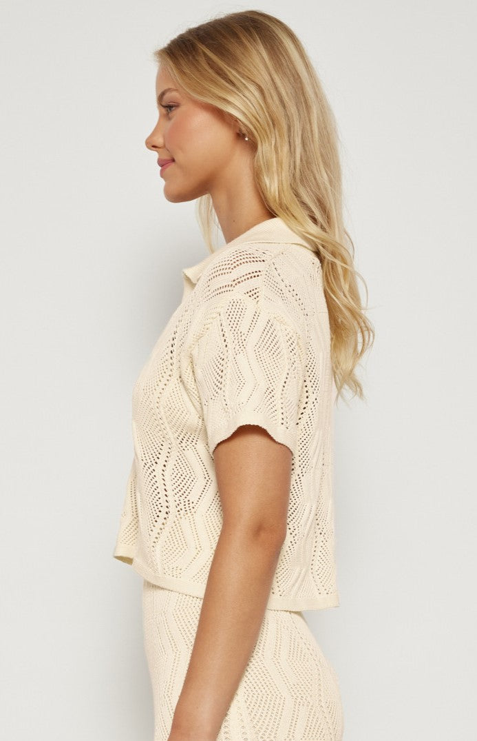 Kira Crochet Knit Collared Top (Cream)