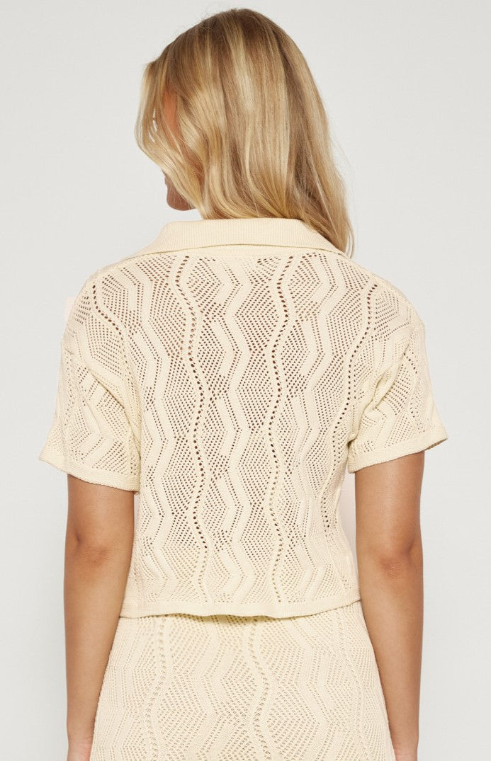Kira Crochet Knit Collared Top (Cream)