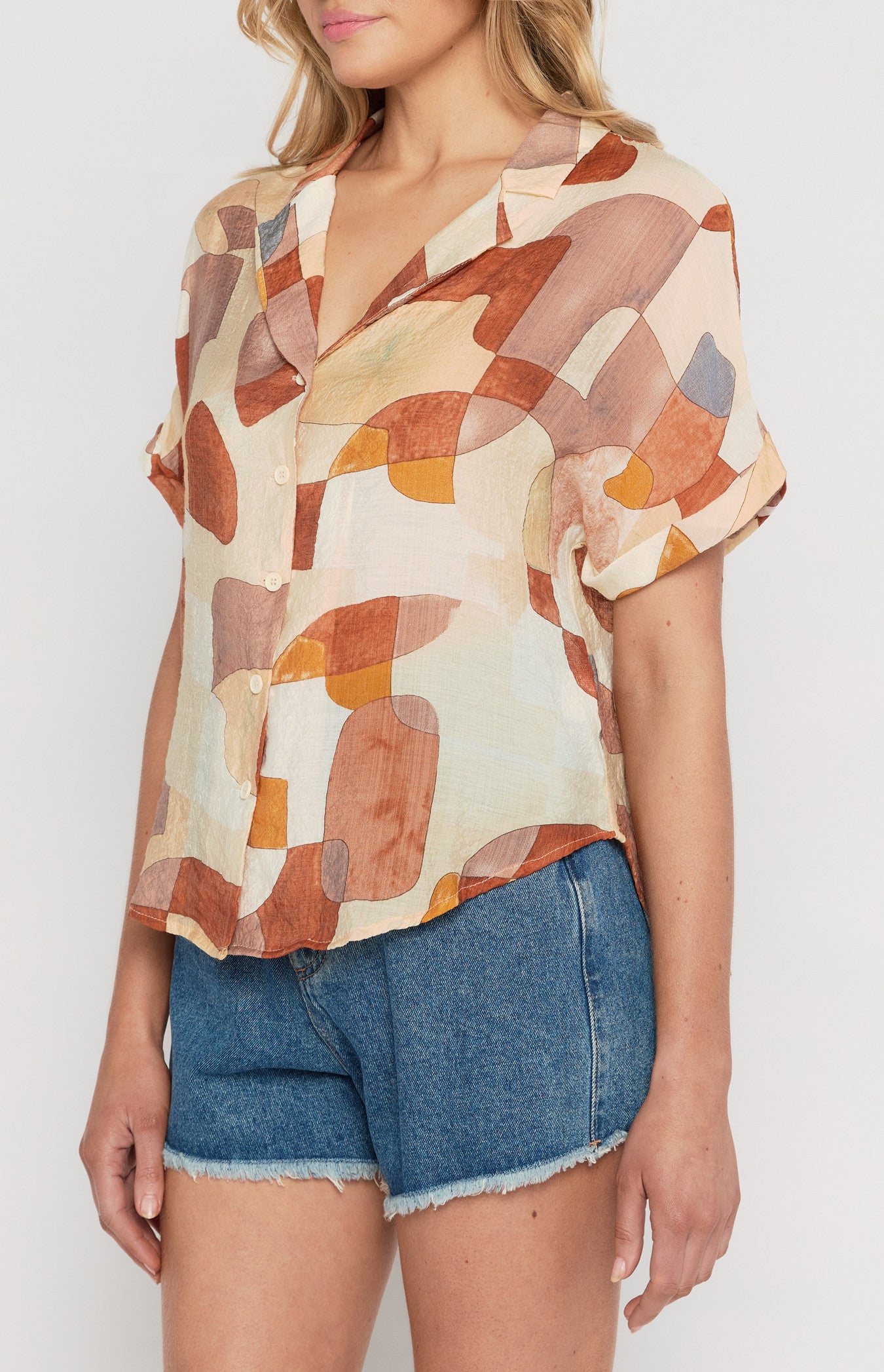 Cleo Abstract Print Oversized Button Up Shirt (Terracotta)
