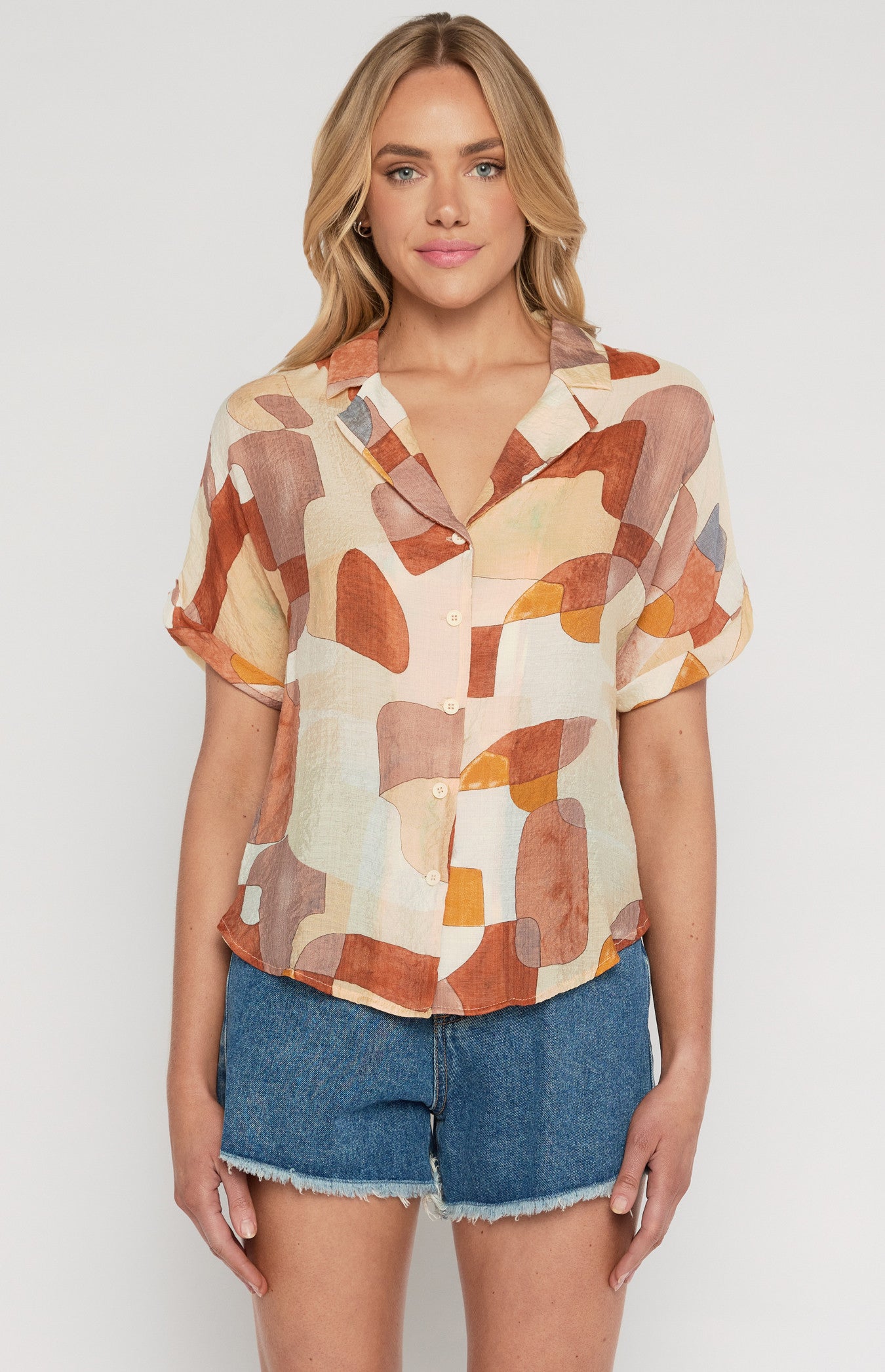 Cleo Abstract Print Oversized Button Up Shirt (Terracotta)