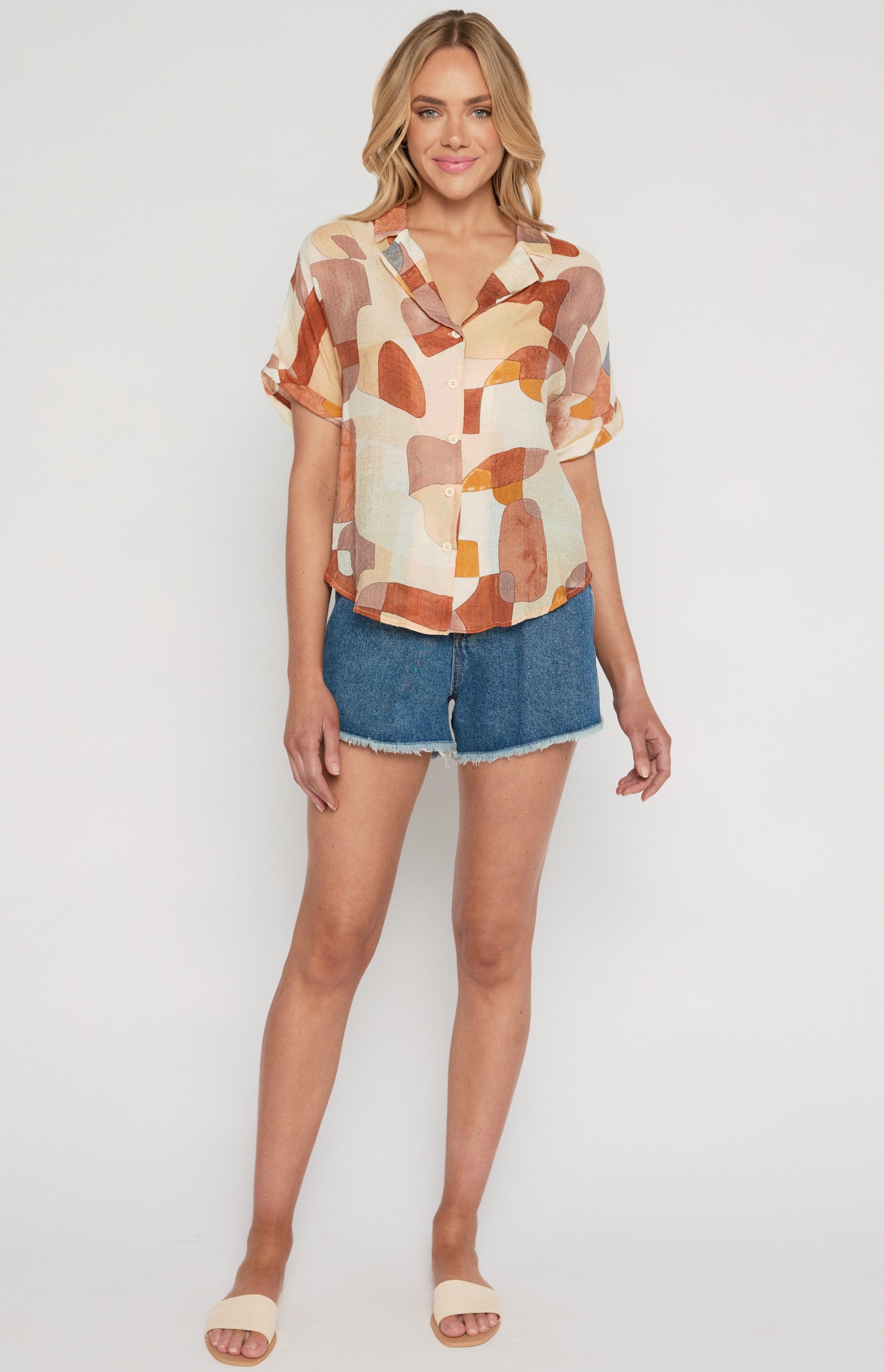Cleo Abstract Print Oversized Button Up Shirt (Terracotta)