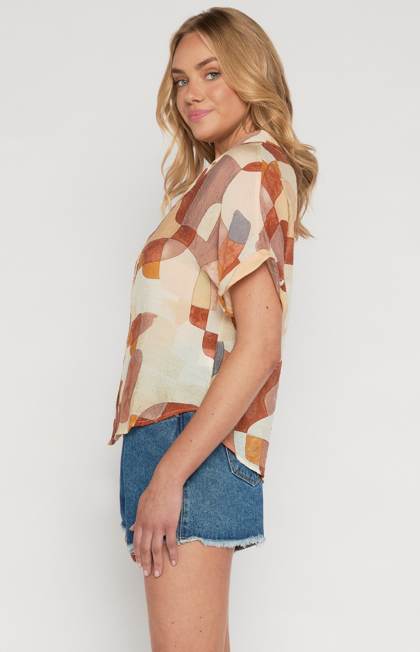 Cleo Abstract Print Oversized Button Up Shirt (Terracotta)