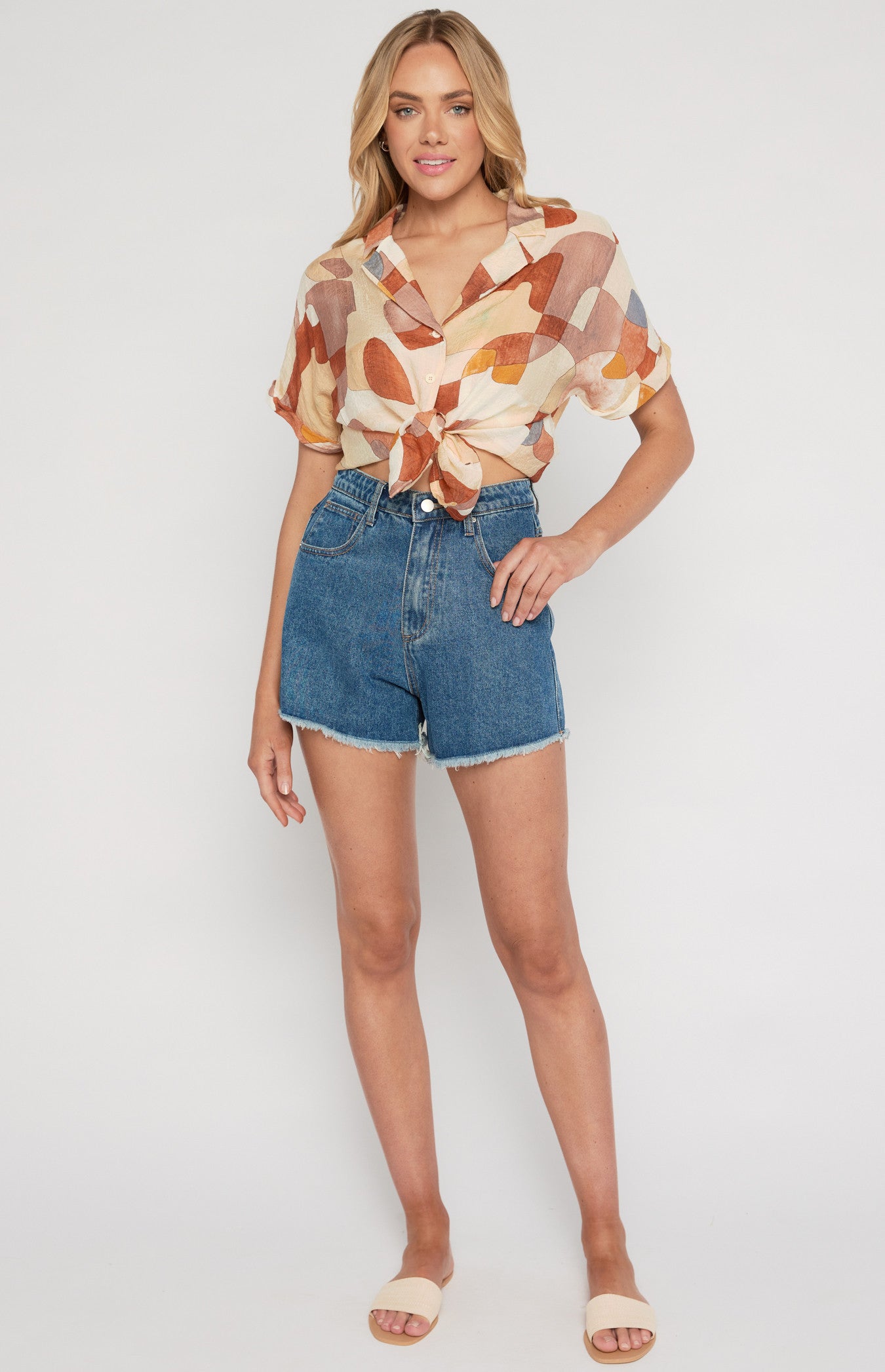 Cleo Abstract Print Oversized Button Up Shirt (Terracotta)