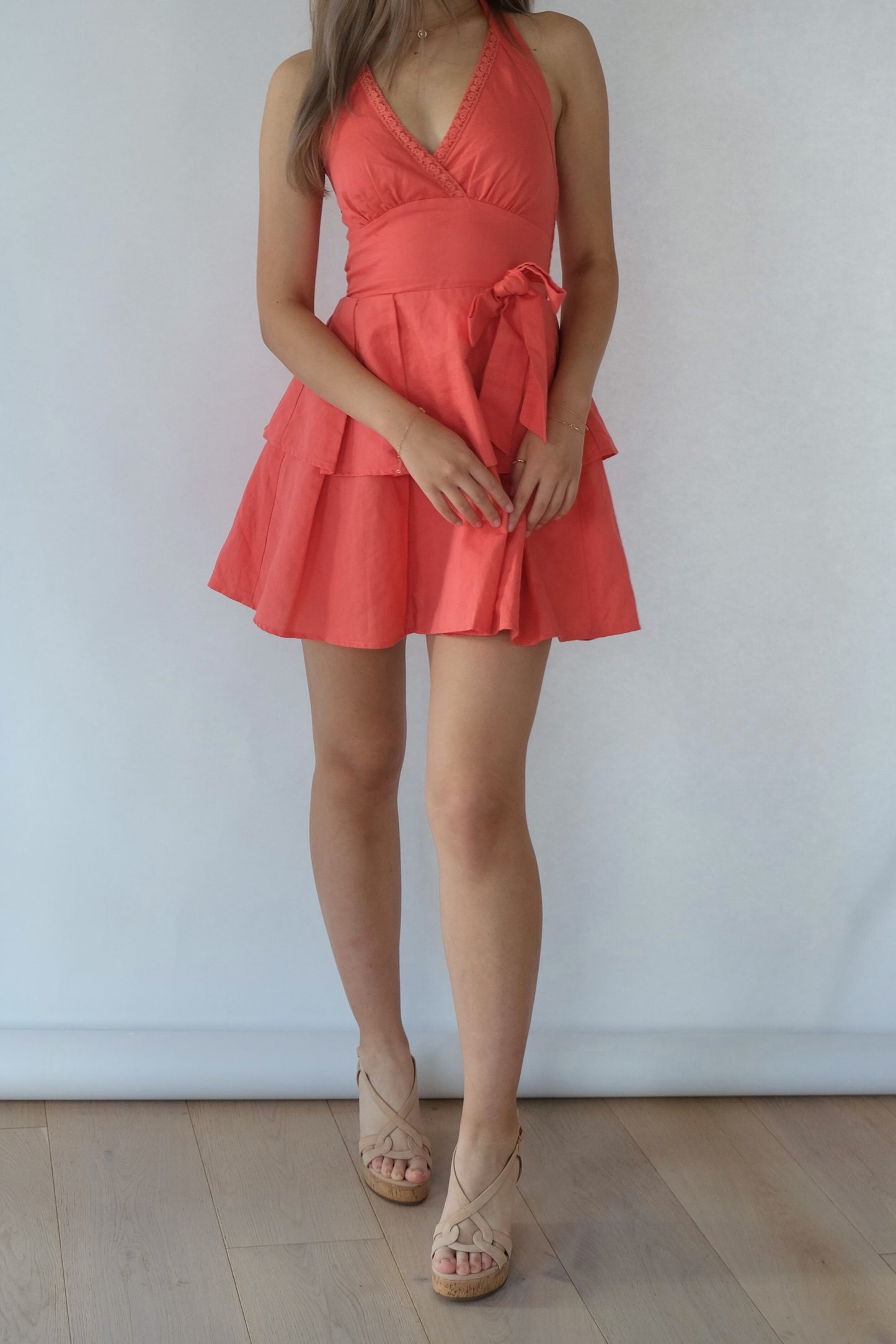 Alice Halter Neck Linen-Blend Dress (Coral)