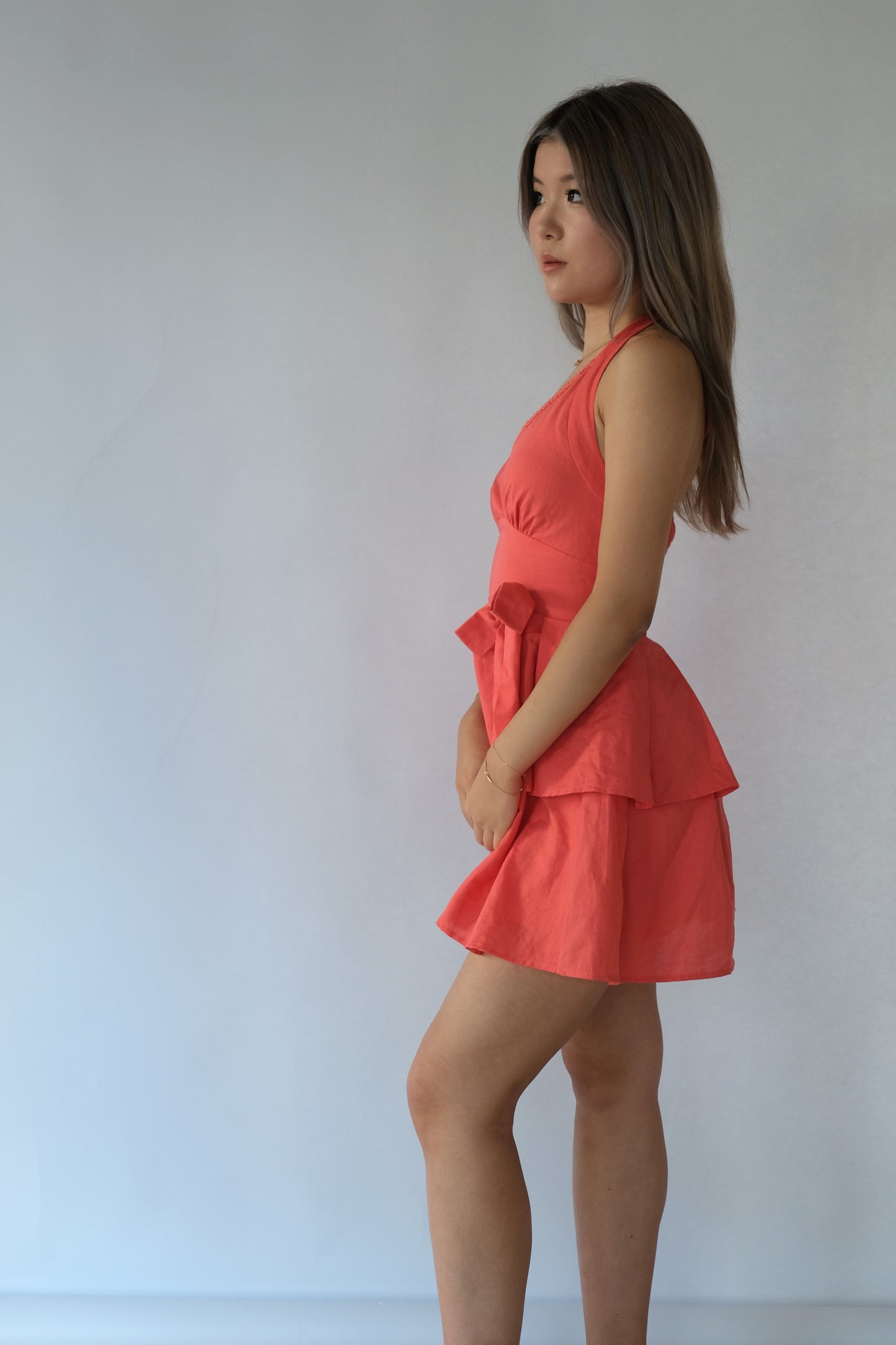 Alice Halter Neck Linen-Blend Dress (Coral)