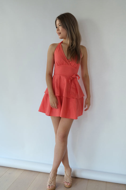 Alice Halter Neck Linen-Blend Dress (Coral)