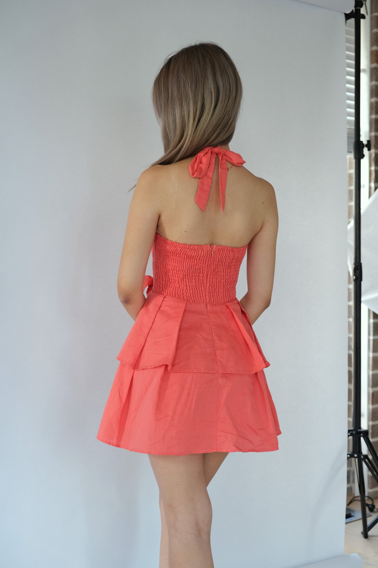 Alice Halter Neck Linen-Blend Dress (Coral)