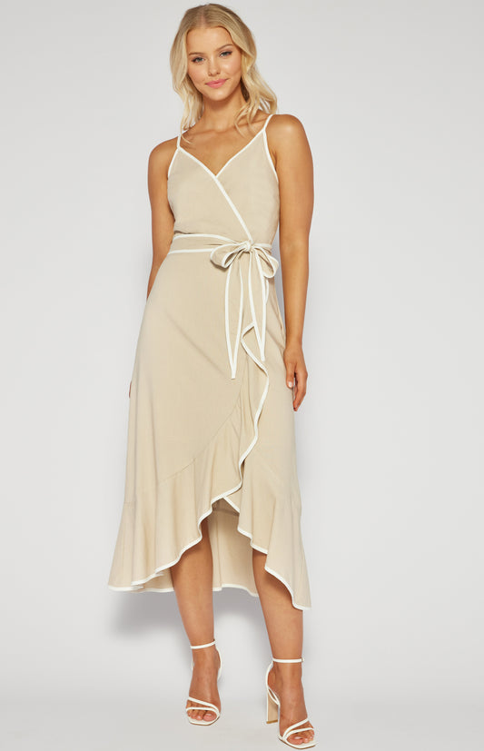 Sienna Contrast Binding Midi Dress (Beige)