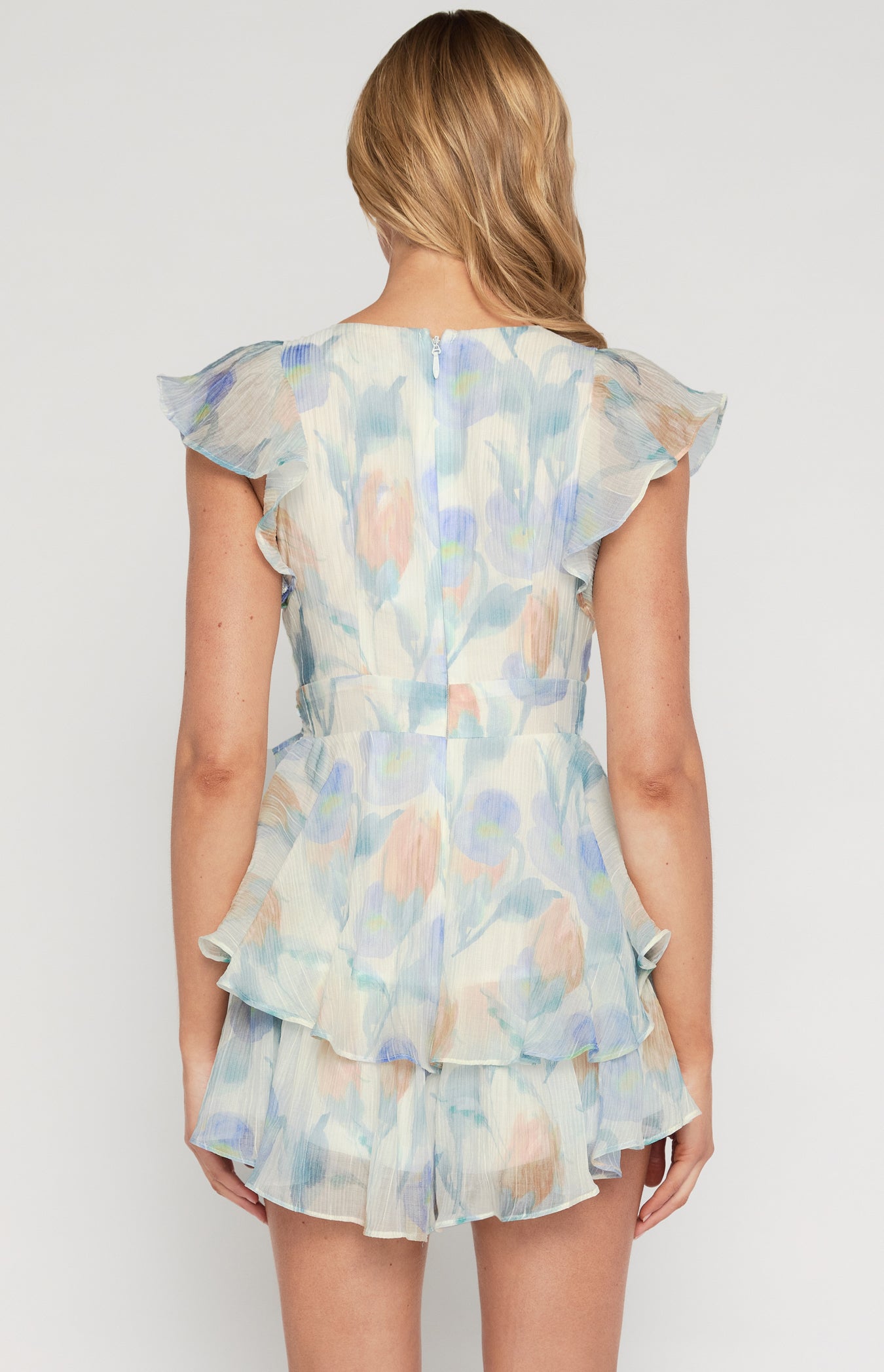 Briar Floral Frill Sleeve Playsuit with Layered Hem (Purple)
