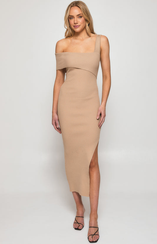 Gwen Knit Dress with Asymmetric One Shoulder Neckline (Camel)
