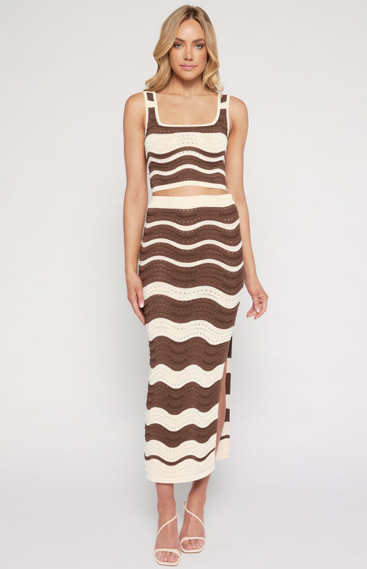 Callie Scallop Textured Contrast Knit Set (Chocolate)