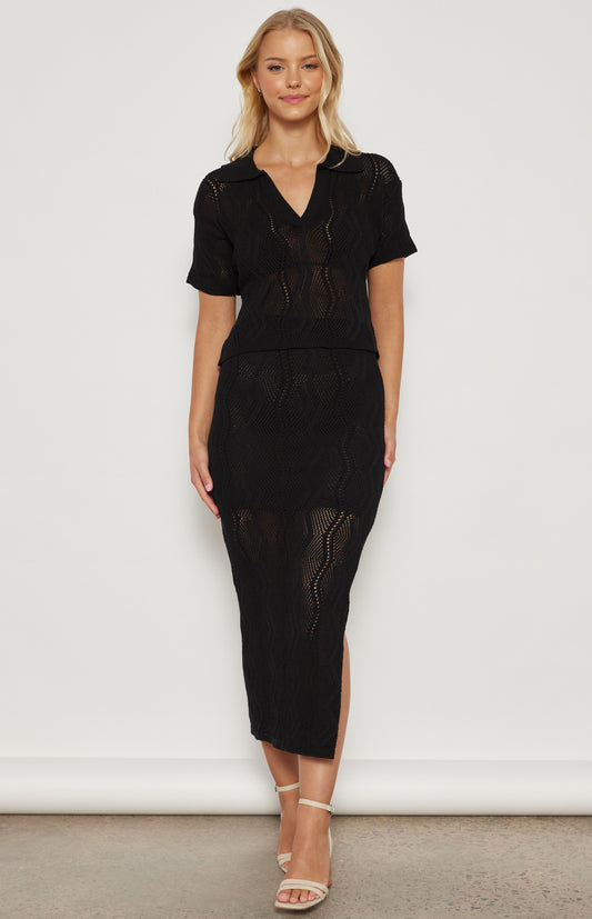 Kira Crochet Knit Midi Skirt (Black)
