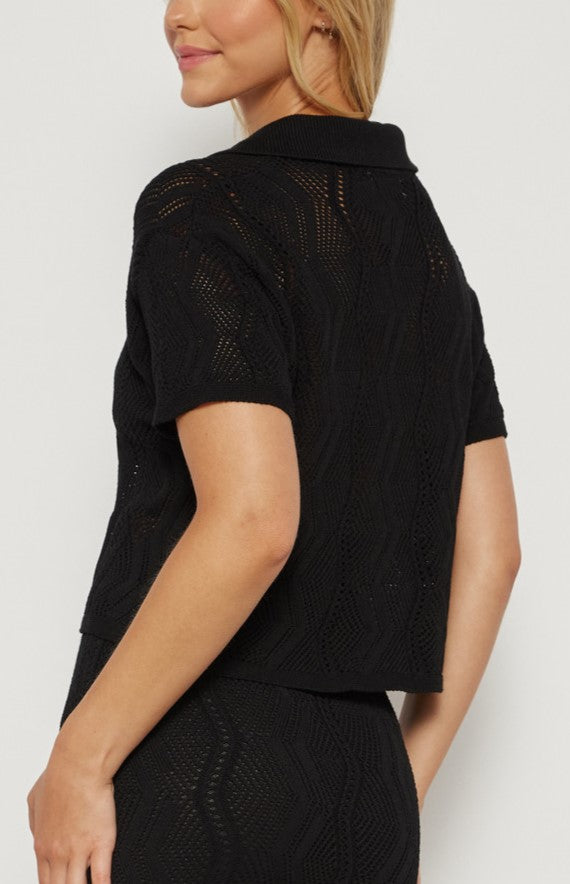 Kira Crochet Knit Collared Top (Black)