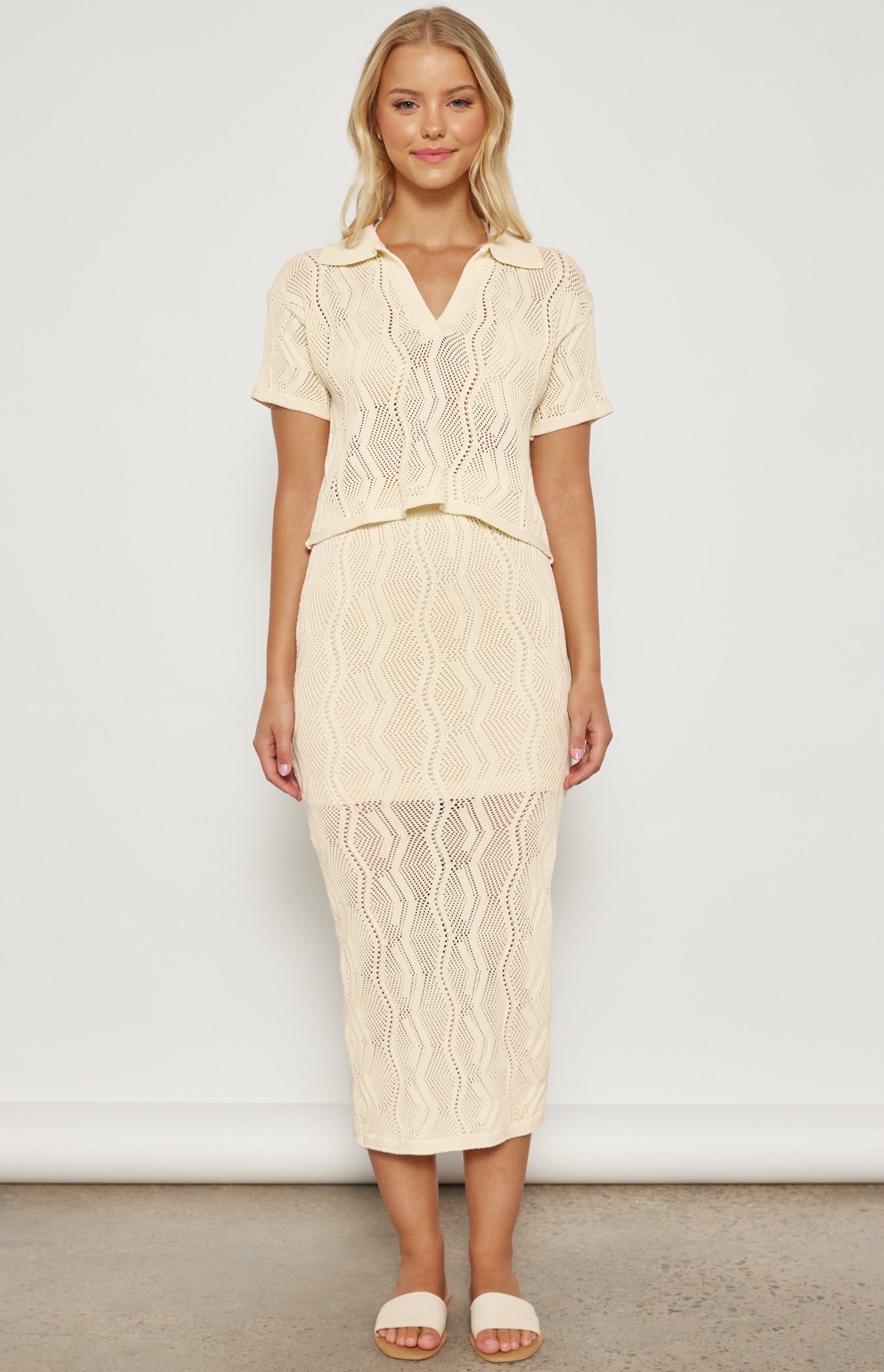 Kira Crochet Knit Midi Skirt (Cream)