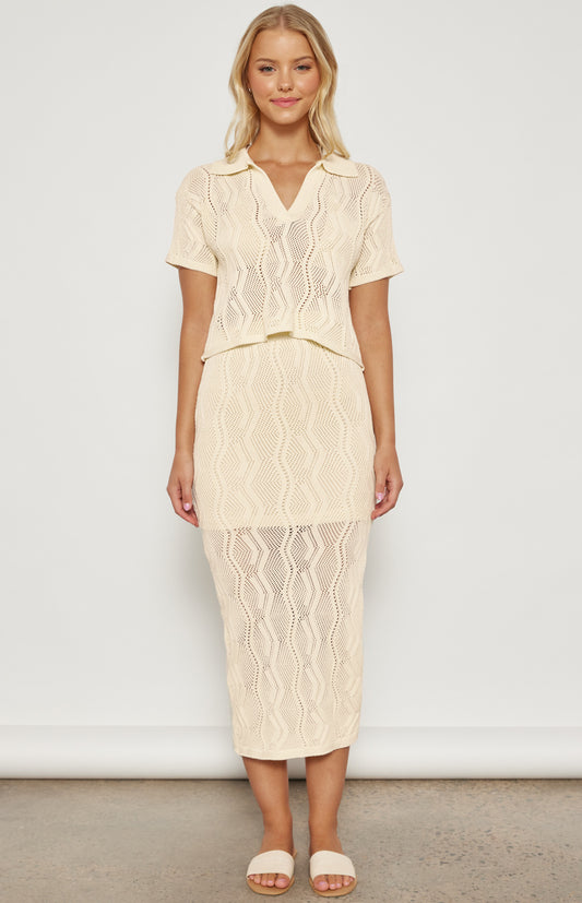 Kira Crochet Knit Midi Skirt (Cream)
